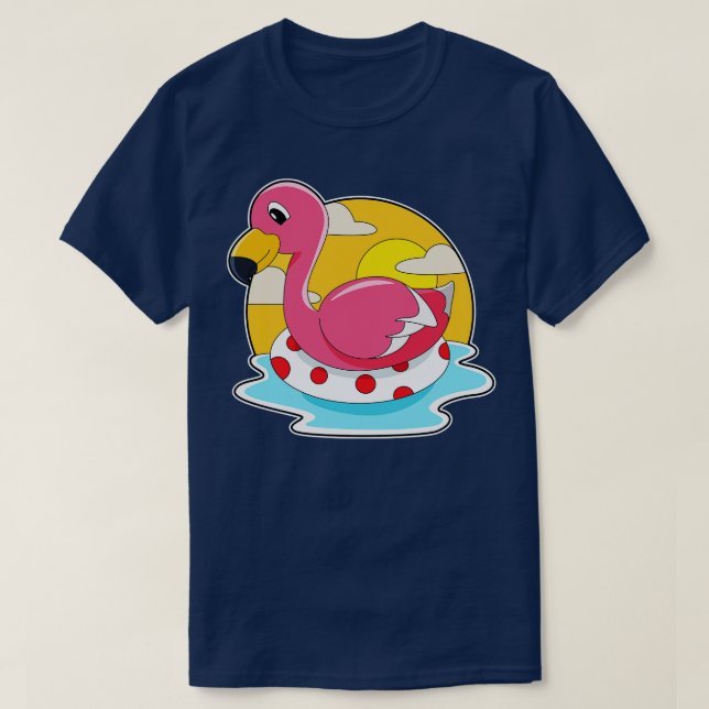 Flamingo At Swimming With Lifebuoy  T-Shirt (Design Front)
