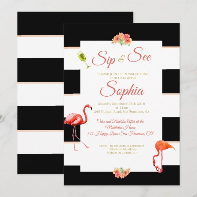 Flamingo Baby Black Pink Stripe Sip and See Invitation (Front/Back)
