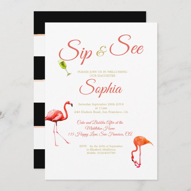 Flamingo Baby Black Stripe Sip and See Invitation (Front/Back)