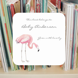 Flamingo Baby Shower bookplate sticker