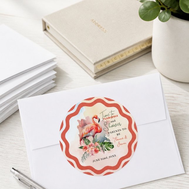 Flamingo Baby Shower Classic Round Sticker (Creator Uploaded)
