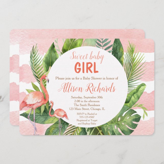 Flamingo baby shower invitation girl watercolor (Front/Back)