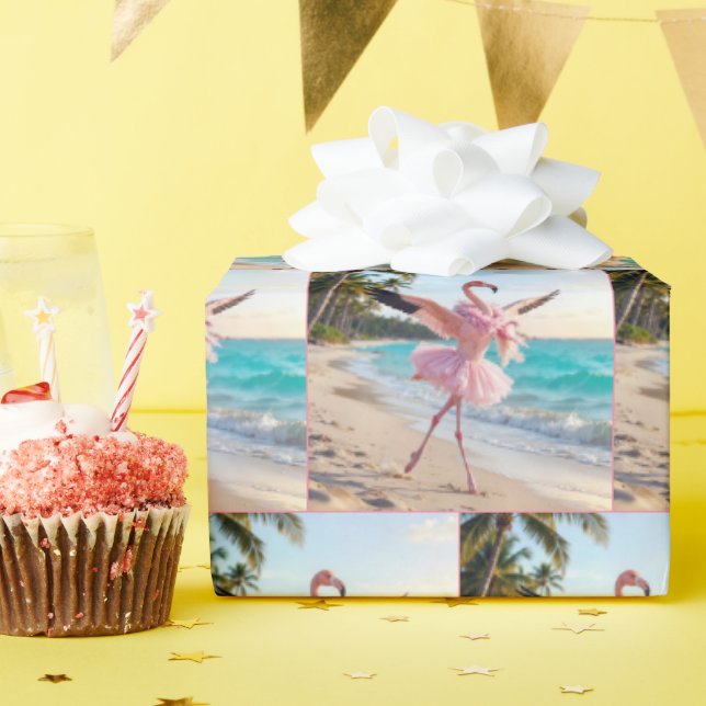 Flamingo Ballerina In a Pink Tutu On the Beach Wrapping Paper (Birthday Party)