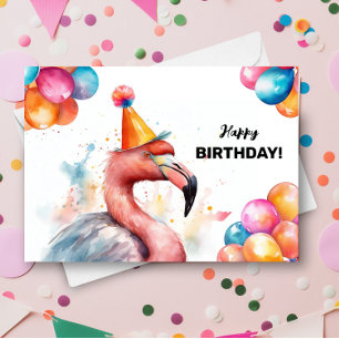 Flamingo Balloons and Party Hat Tropical Birthday Card
