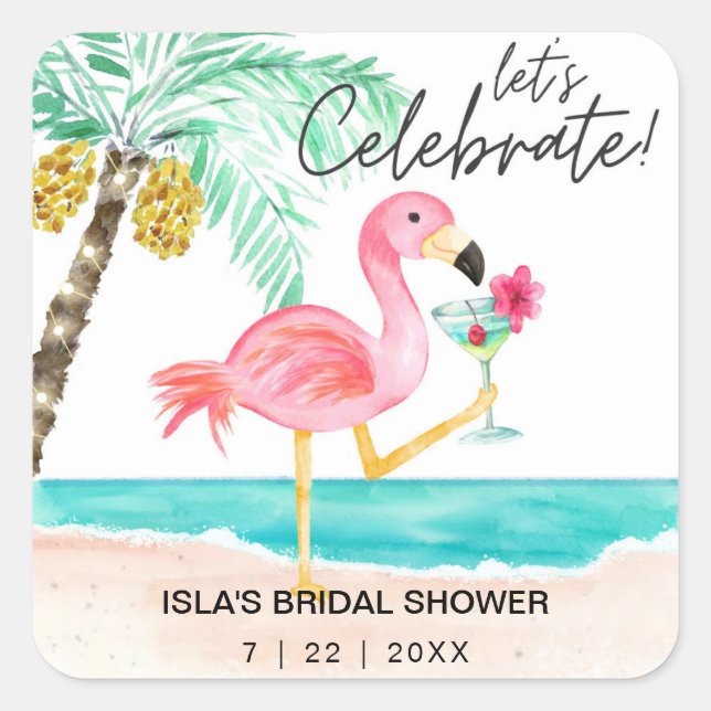 Flamingo Beach Cocktail Tropical Bridal Shower Square Sticker (Front)