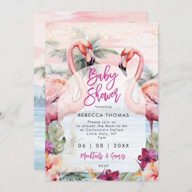 flamingo  beach palms baby shower invitation (Front/Back)