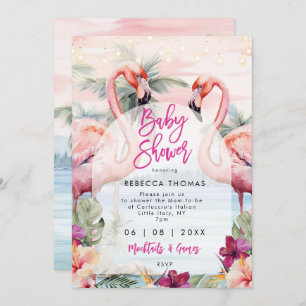 flamingo  beach palms baby shower invitation