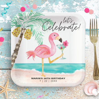 Flamingo Beach Party Tropical Cocktail Birthday Paper Plate