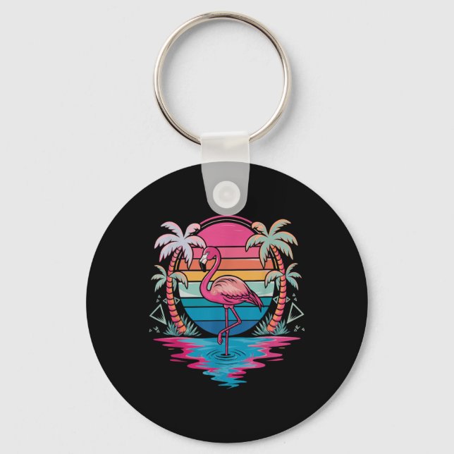 Flamingo Beach Summer Vibes Palm Tree Tropical Sum Key Ring (Front)