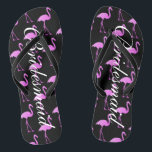 Flamingo beach wedding flip flops for bridesmaids<br><div class="desc">Elegant pink flamingo wedding flip flops for bridesmaids. Custom background and strap colour and personalised with name or monogram initials. Modern black and pink his and hers sandals with stylish script calligraphy typography. Cute party favour for beach theme wedding, marriage, bridal shower, engagement, anniversary, bbq, bachelorette, bachelor, girls weekend trip...</div>