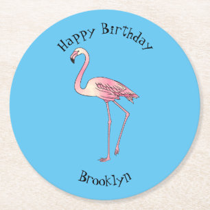 Flamingo bird cartoon illustration  round paper coaster