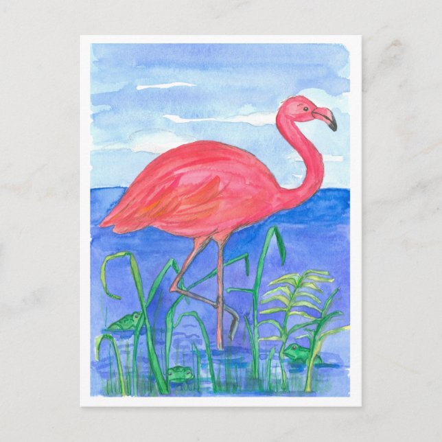 Flamingo Bird Frog Pond Postcard (Front)