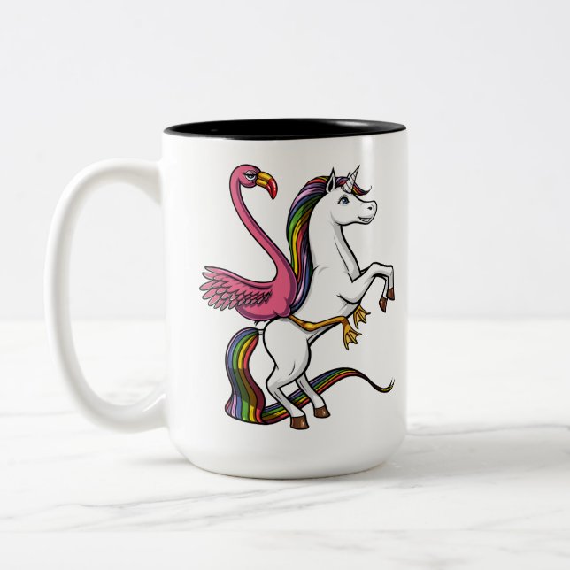 Flamingo Bird Riding Magical Unicorn Two-Tone Coffee Mug (Left)