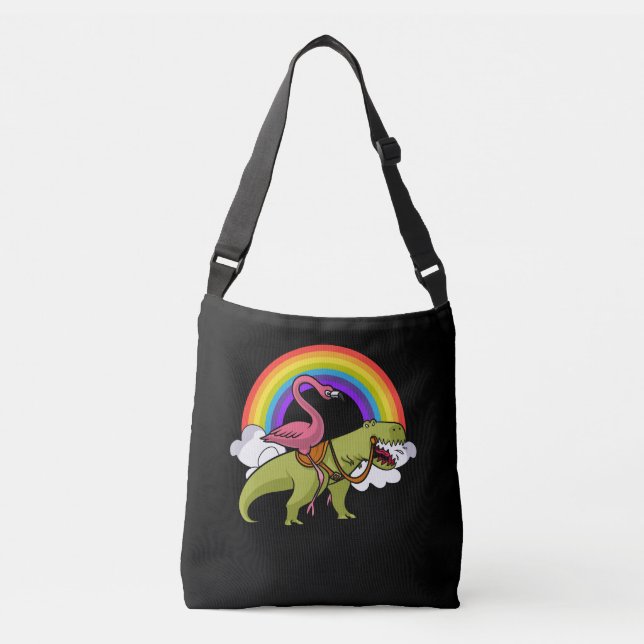 Flamingo Bird Riding T-Rex Dinosaur Rainbow Crossbody Bag (Front)