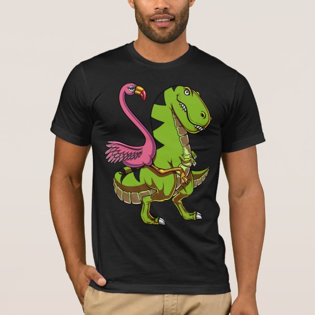 Flamingo Bird Riding T-Rex Dinosaur T-Shirt (Front)