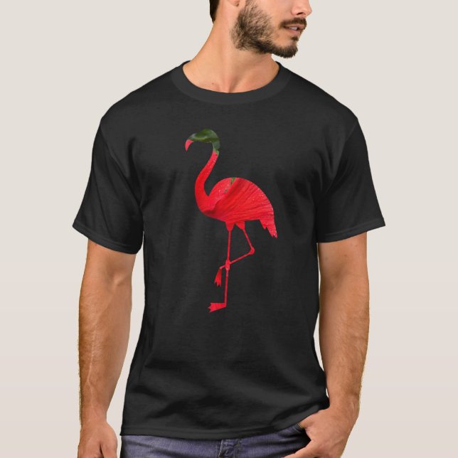 Flamingo Bird Silhouette with Red Hibiscus Flower  T-Shirt (Front)