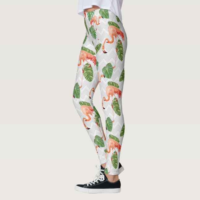 Flamingo Bird Tropical Banana Leaf Chevron Pattern Leggings (Left)