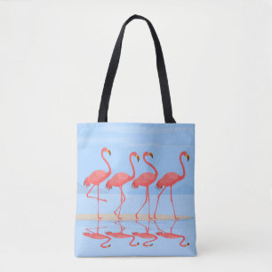 Flamingo bird walking on the beach in summer desig tote bag
