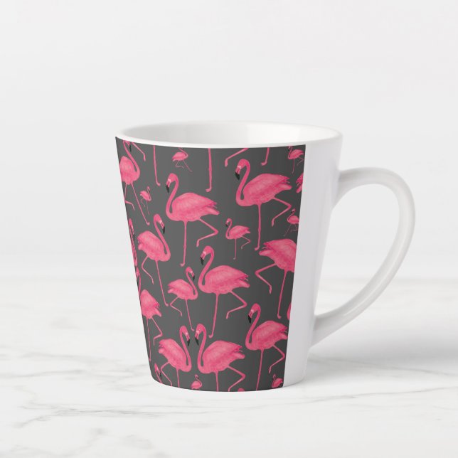 Flamingo Bird Watercolor on Dark Grey Design Latte Mug (Right)