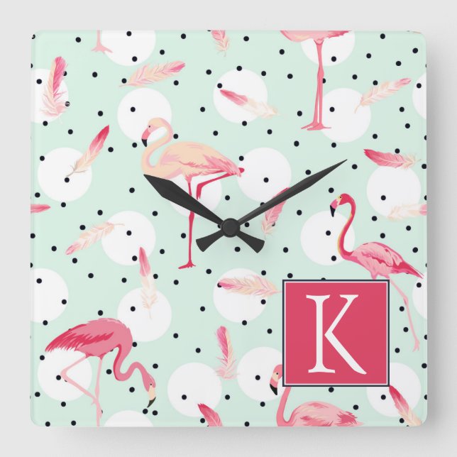Flamingo Bird With Feathers | Add Your Initial Square Wall Clock (Front)