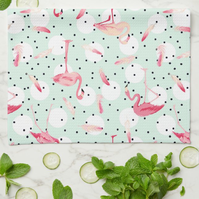 Flamingo Bird With Feathers | Add Your Initial Tea Towel (Folded)