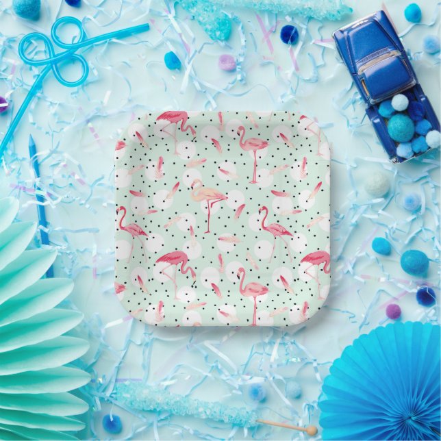 Flamingo Bird With Feathers Paper Plate (Party)