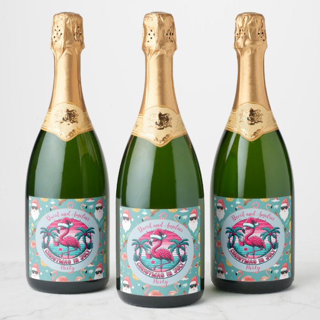 Flamingo Bird with Hat Christmas in July Party Sparkling Wine Label (Bottles)