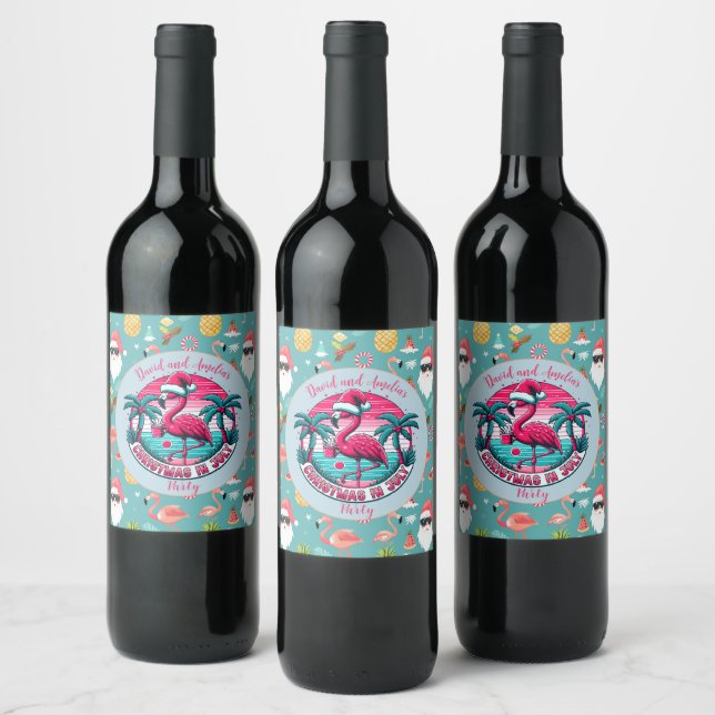 Flamingo Bird with Hat Christmas in July Party Wine Label (Bottles)