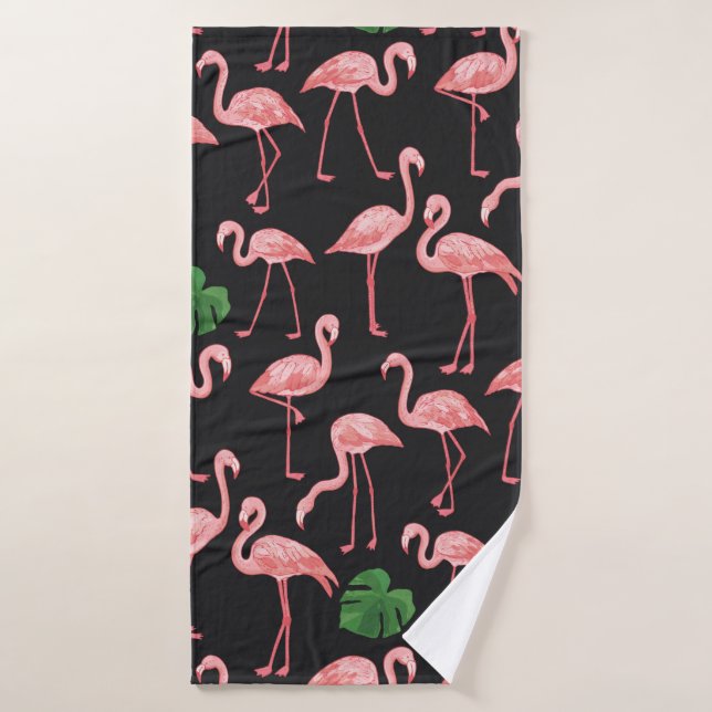 flamingo bird with monstera palm leaves pattern.  bath towel (Bath Towel)
