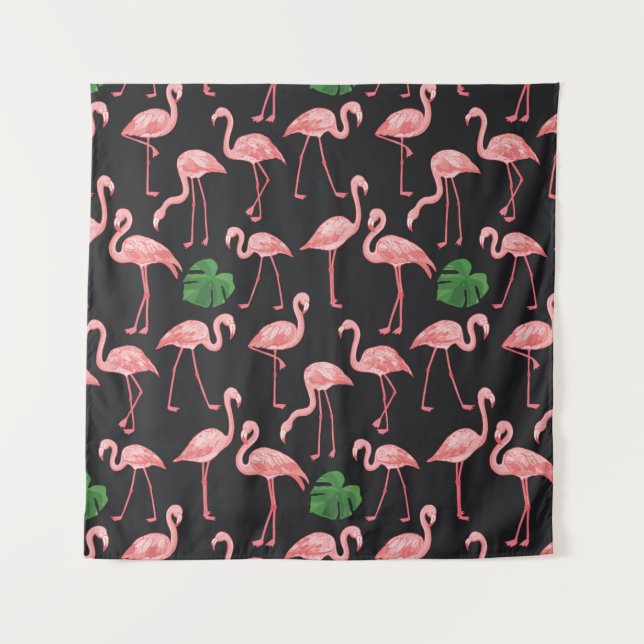 flamingo bird with monstera palm leaves pattern.  tapestry (Front)