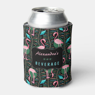 Flamingo Birds 20s Deco Ferns Pattern Black Custom Can Cooler