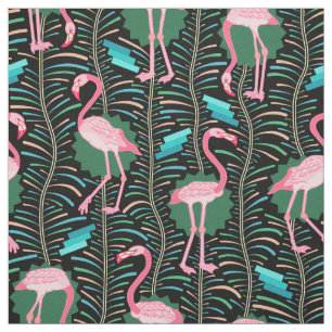 Flamingo Birds 20s Deco Ferns Pattern Black Green Fabric