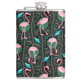 Flamingo Birds 20s Deco Ferns Pattern Black Green Hip Flask