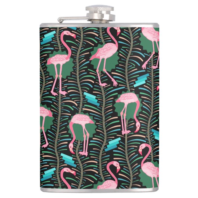 Flamingo Birds 20s Deco Ferns Pattern Black Green Hip Flask (Front)