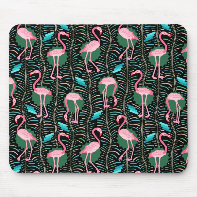 Flamingo Birds 20s Deco Ferns Pattern Black Green Mouse Pad (Front)