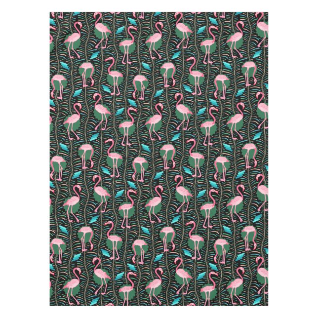 Flamingo Birds 20s Deco Ferns Pattern Black Green Tablecloth (Front)