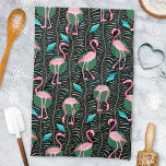 Flamingo Birds 20s Deco Ferns Pattern Black Green Tea Towel<br><div class="desc">This elegant flamingo bird pattern decorative design is made in a retro 20s Art Deco style. The bright pink flamingos rest against a background that includes fern fronds in bold colours and geometric rectangular shapes in shades of teal green / turquoise blue, all on a backdrop of black. This original,...</div>