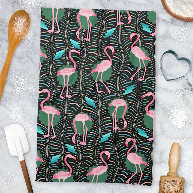 Flamingo Birds 20s Deco Ferns Pattern Black Green Tea Towel (Creator Uploaded)