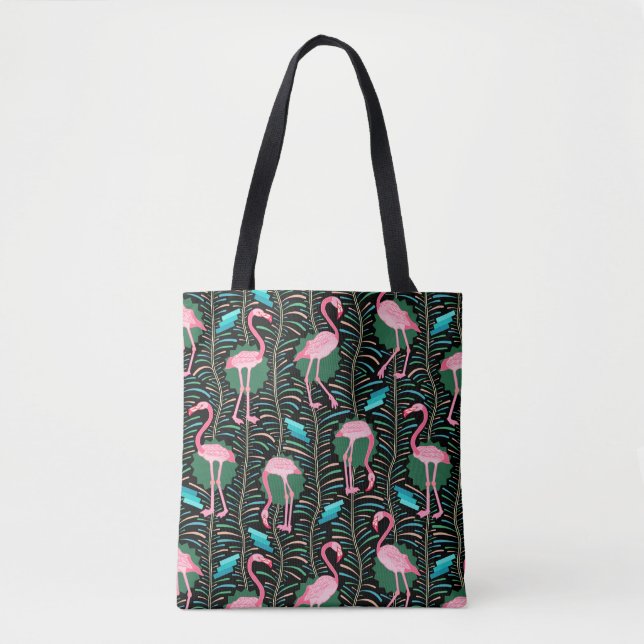 Flamingo Birds 20s Deco Ferns Pattern Black Pink Tote Bag (Front)
