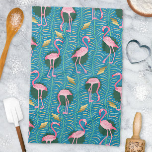Flamingo Birds 20s Deco Ferns Pattern Blue Gold Tea Towel
