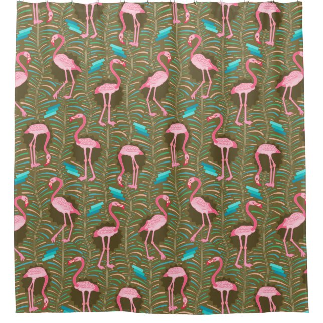 Flamingo Birds 20s Deco Green Ferns Tropical Retro Shower Curtain (Front)
