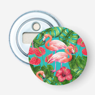 Flamingo birds and tropical garden watercolor bottle opener