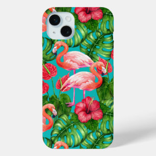 Flamingo birds and tropical garden watercolor iPhone 15 mini case