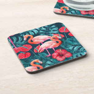 Flamingo birds and tropical garden watercolor coaster