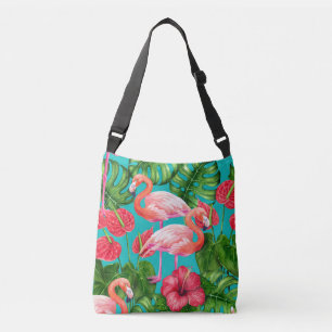 Flamingo birds and tropical garden watercolor crossbody bag