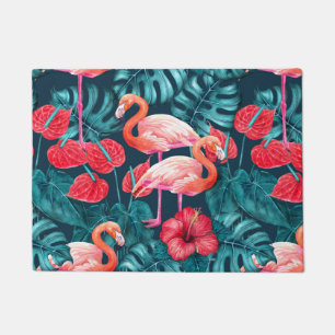 Flamingo birds and tropical garden watercolor doormat