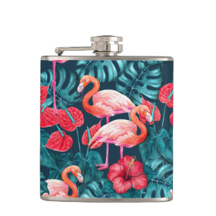Flamingo birds and tropical garden watercolor hip flask