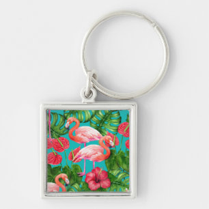 Flamingo birds and tropical garden watercolor key ring
