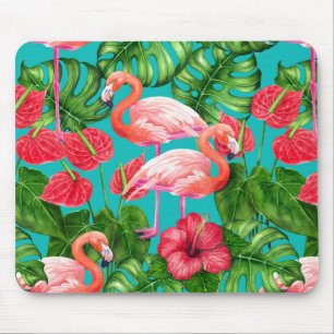 Flamingo birds and tropical garden watercolor mouse pad