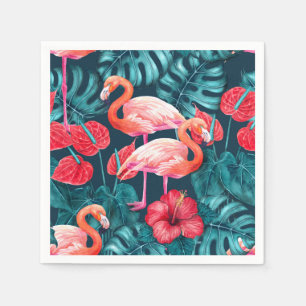 Flamingo birds and tropical garden watercolor napkin